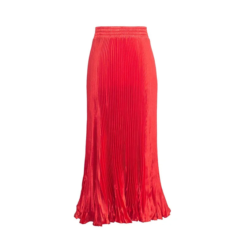 Women's Fashion Pleated Mermaid Long Skirt Korean Style Casual High Waist Satin Flowy Skirts Shiny 19 Colors 2024 Spring SK500