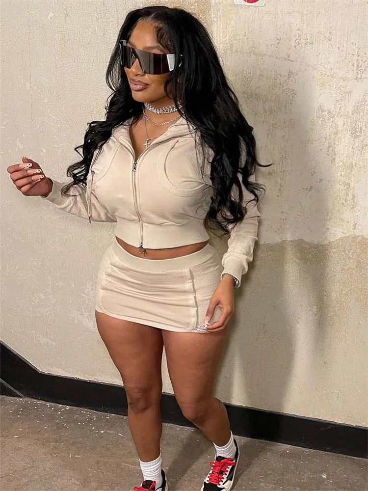 HLJ Spring New Casual 2 Piece Sets Woman Outfit Solid Zip Drawstring Crop Jacket and Bodycon Skirts Female Streetwear Clothing