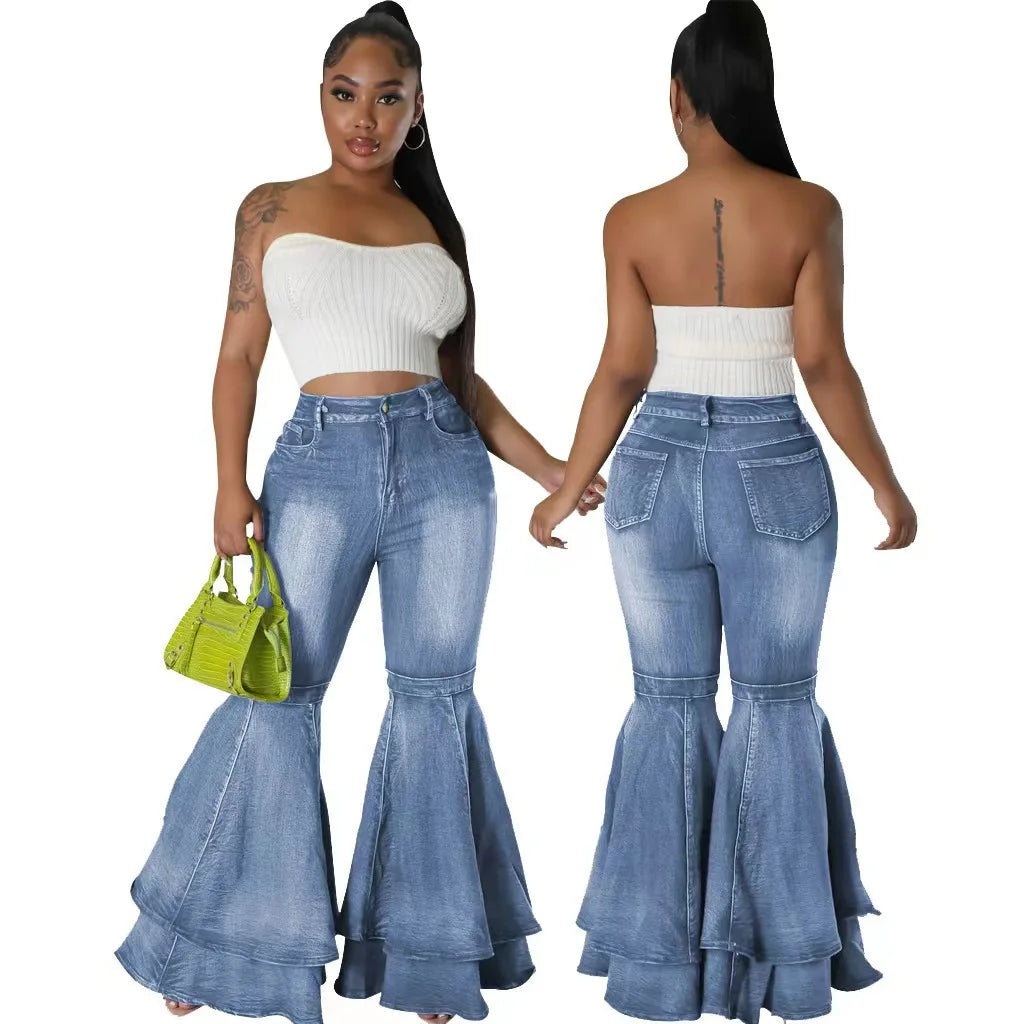 Fashion Versatile Wide Leg Washed Denim Stretch Flared Pants Women