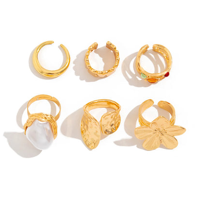 Ingemark 2025 New Irregular Exaggerated Metal Flower Open Rings Women Elegant Baroque Imitation Pearl Ring Jewelry Accessories