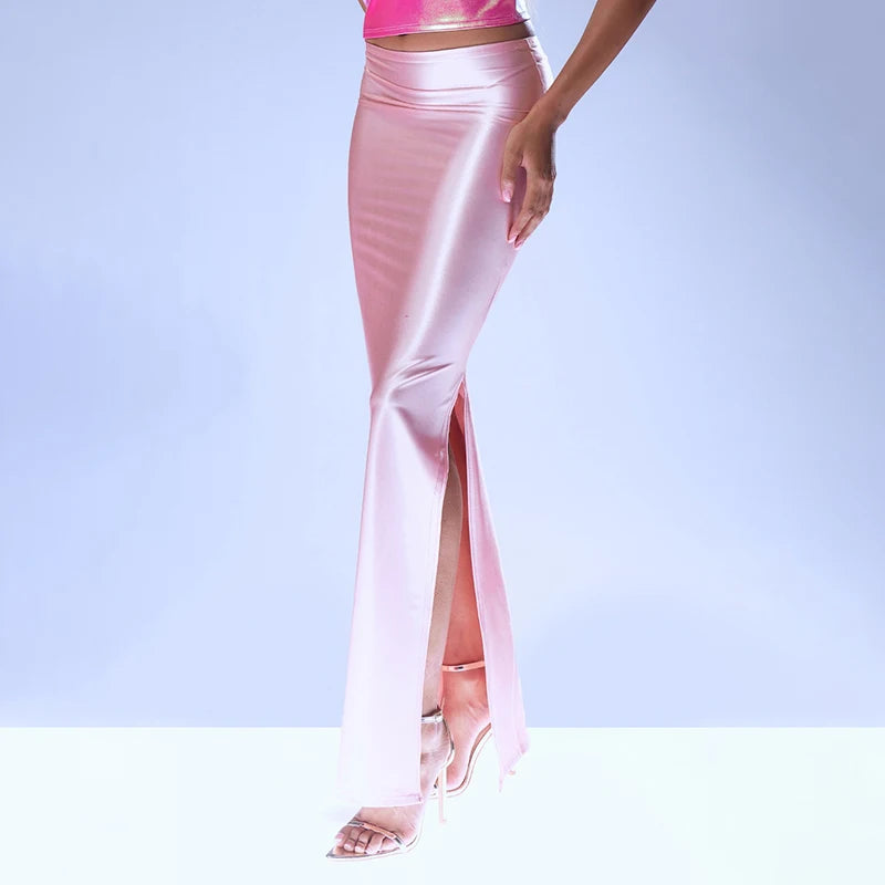 CUTENOVA Stain Long Solid Color Skirt Elegant High Waist Side Split Maxi Skirts Party Sexy Clothes for Women Autumn 2024