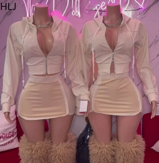 HLJ Spring New Casual 2 Piece Sets Woman Outfit Solid Zip Drawstring Crop Jacket and Bodycon Skirts Female Streetwear Clothing
