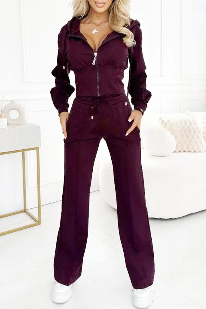 Autumn Casual Solid Sportswear Women Set Fashion Zipper Hooded Sweatshirts Coat & Lace-up Pants Tracksuit New Winter Suit Outfit