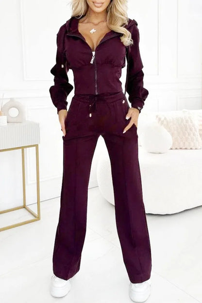 Autumn Casual Solid Sportswear Women Set Fashion Zipper Hooded Sweatshirts Coat & Lace-up Pants Tracksuit New Winter Suit Outfit