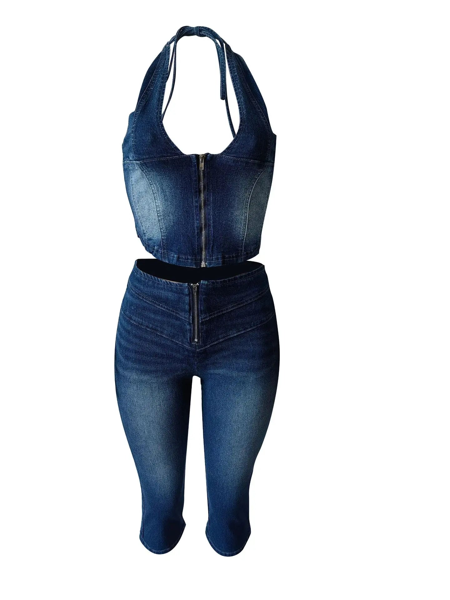 CM.YAYA Fashion ZIP Denim Women's Set sleeveless Crop Top and Calf Length Jeans Pants 2025 Two 2 Piece Sets Outfits Tracksuit