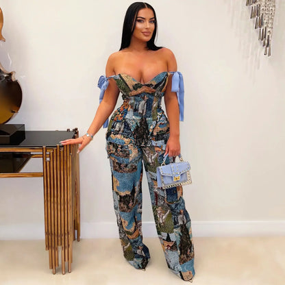 CM.YAYA Oil Painting Printed Women's Set Lace Up Back Crop Top and Pants Suit 2024 Fall Winter Two 2 Piece Sets Outfit Tracksuit