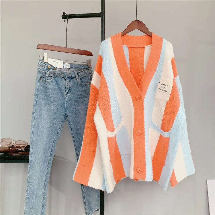 Joskaa Striped Patchwork Knitted Cardigan Women V-Neck Long Sleeve Single Breasted Sweater Coat Autumn 2023 Outwear Streetwear