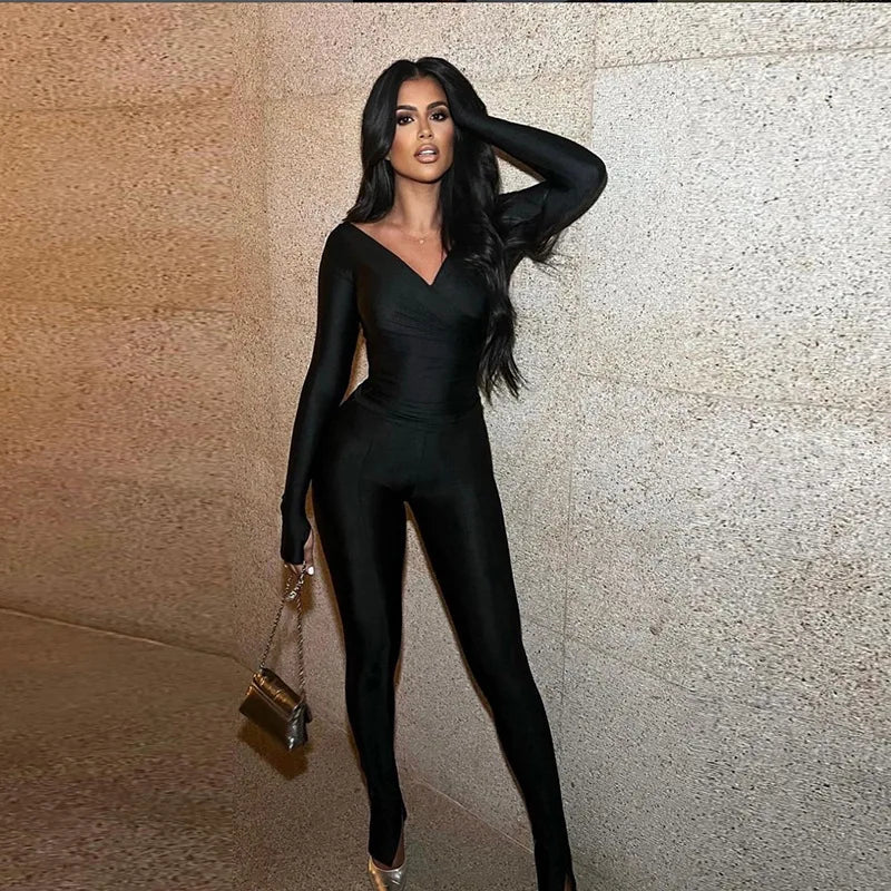 Simenual Casual Skinny Women Two Piece Set Sexy Deep V Crop Tops High Waist Pants Cyber Y2K Outfits Slim Co Ord Suits Streetwear