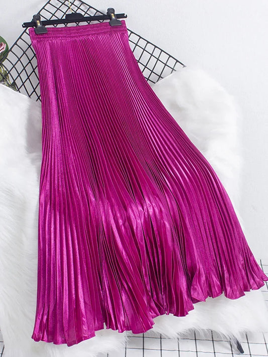Women's Fashion Pleated Mermaid Long Skirt Korean Style Casual High Waist Satin Flowy Skirts Shiny 19 Colors 2024 Spring SK500