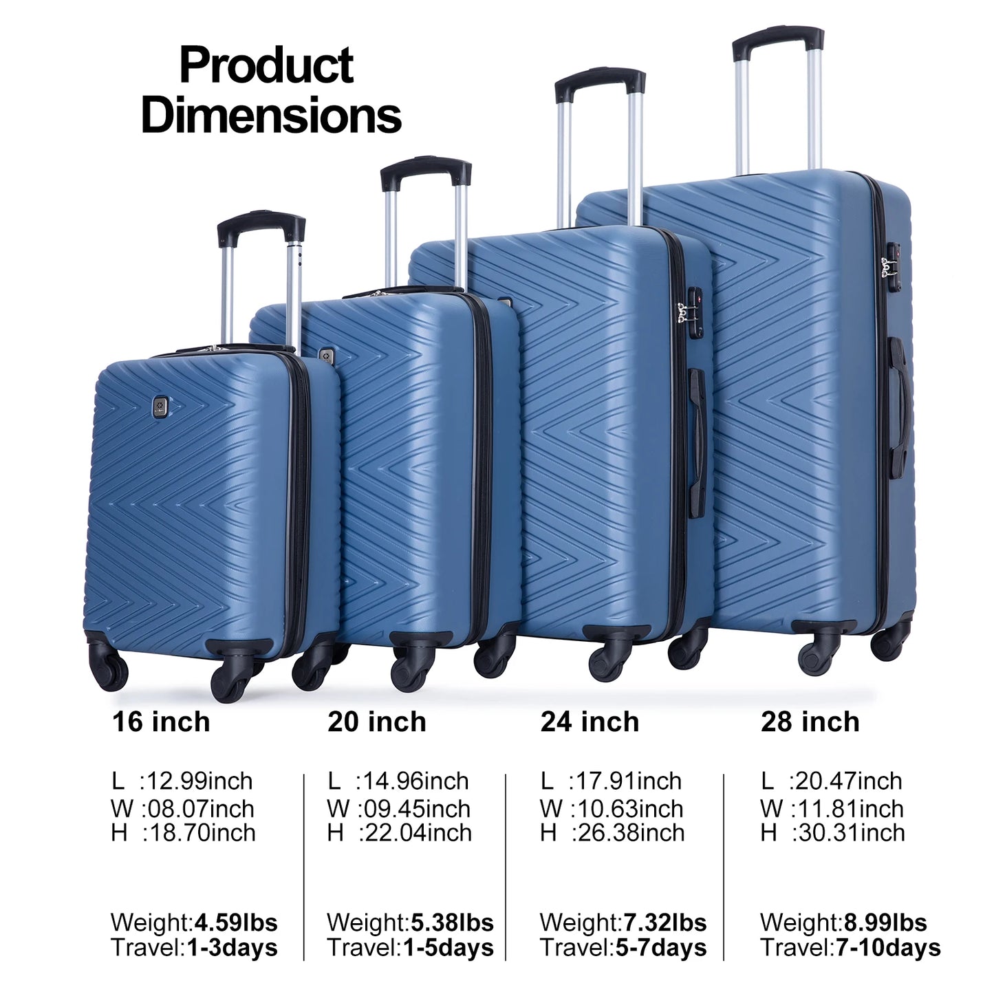 Travelhouse Luggage set 4-Piece ABS Suitcase With Spinner Wheels,24 Inch and 28 Inch with TSA Lock,16,20 inche Carry on Luggage