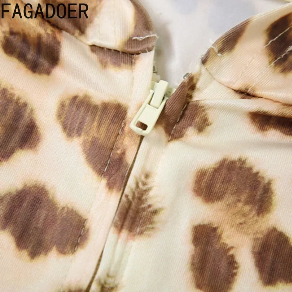 FAGADOER Sexy Leopard Print 2 Piece Sets Women Outfit Long Sleeve Zipper Hooded Crop Jacket + Flare Pants Suits Female Clothing