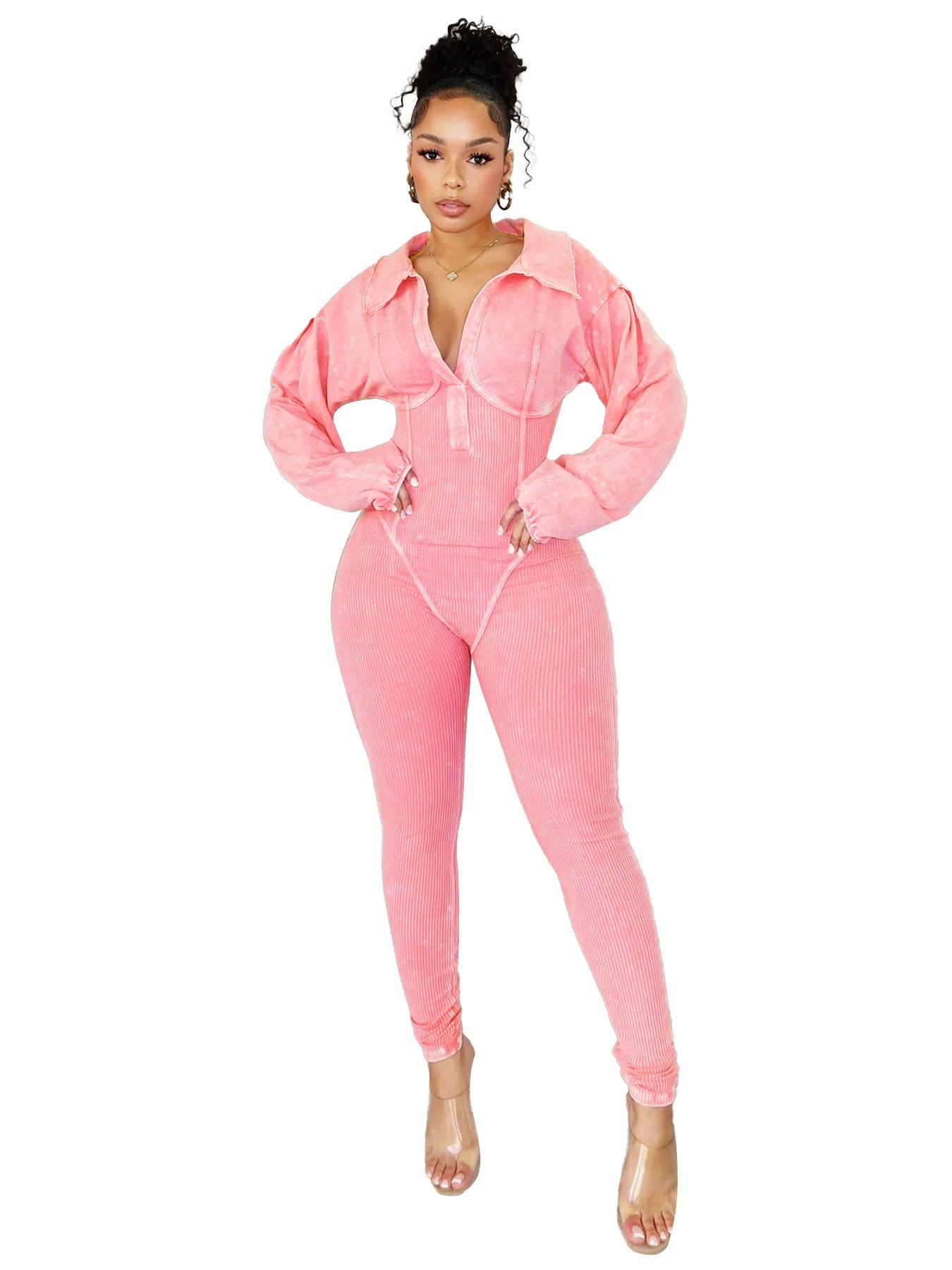 Women's Clothing 2025 Spring Summer New Fashion Bubble Sleeves Sexy Deep V Tight Waist Casual Long Sleeved Jumpsuit Pants