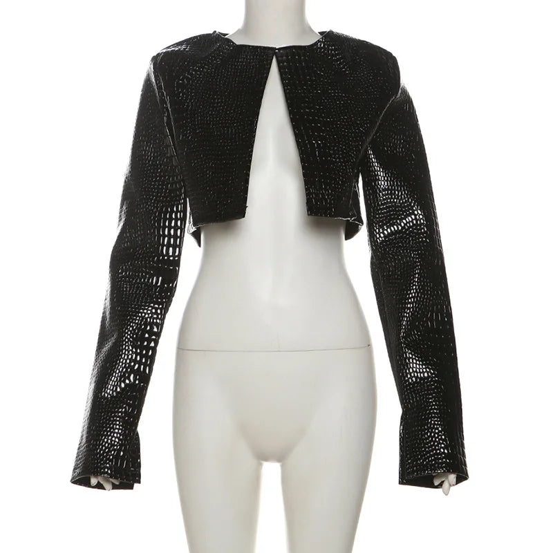 Women O Neck Long Sleeve PU Faux Leather Cropped Jackets Punk Grunge Casual Coats 2024 Spring Fall Harajuku Y2K Clothes