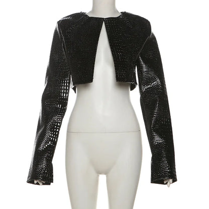 Women O Neck Long Sleeve PU Faux Leather Cropped Jackets Punk Grunge Casual Coats 2024 Spring Fall Harajuku Y2K Clothes