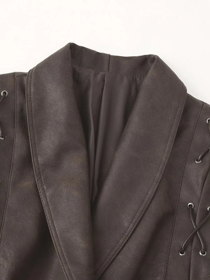 TRAFZA Spring Women Retro Brown PU Jackets Lace-up Single Button Coats Slim Sashes Jacket Fashion 2025 Female Casual Outwears