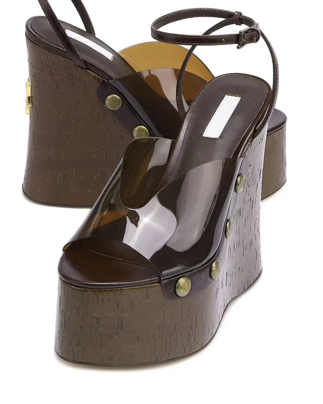 Large Rivets Embedded PVC Strap Women’s Sandals Peep Toe Wedges Super High Heels Tall Platform Sandales à Talons Heighten Shoes