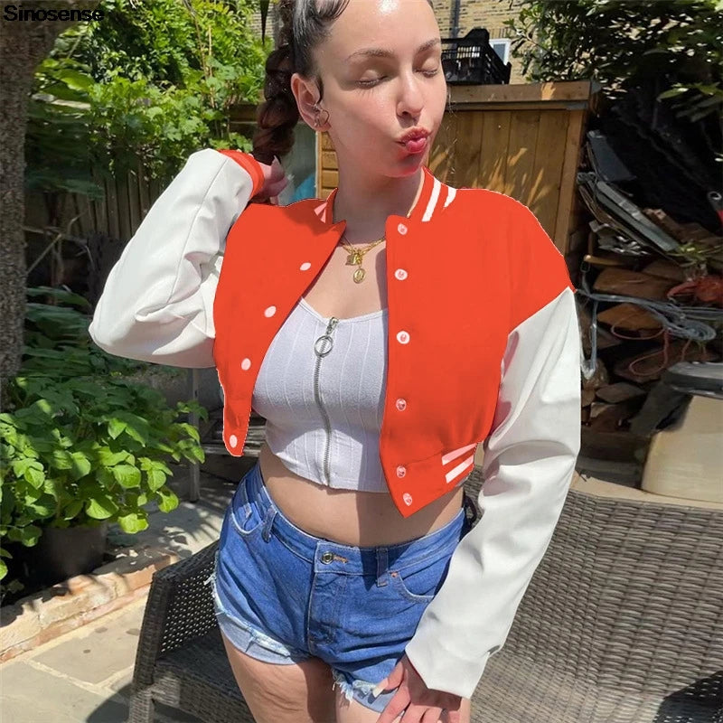 Women Crop Vintage Varsity Jacket Faux Leather Patchwork Long Sleeve Button Down Bomber Jackets Casual Baseball Jersey Jackets