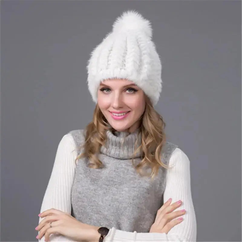 2024 New Genuine Mink Fur Hat Fashion Winter Warm Ball Caps With Copious Female Beanie Knit Cap and Liner 6 Colors BZ-11