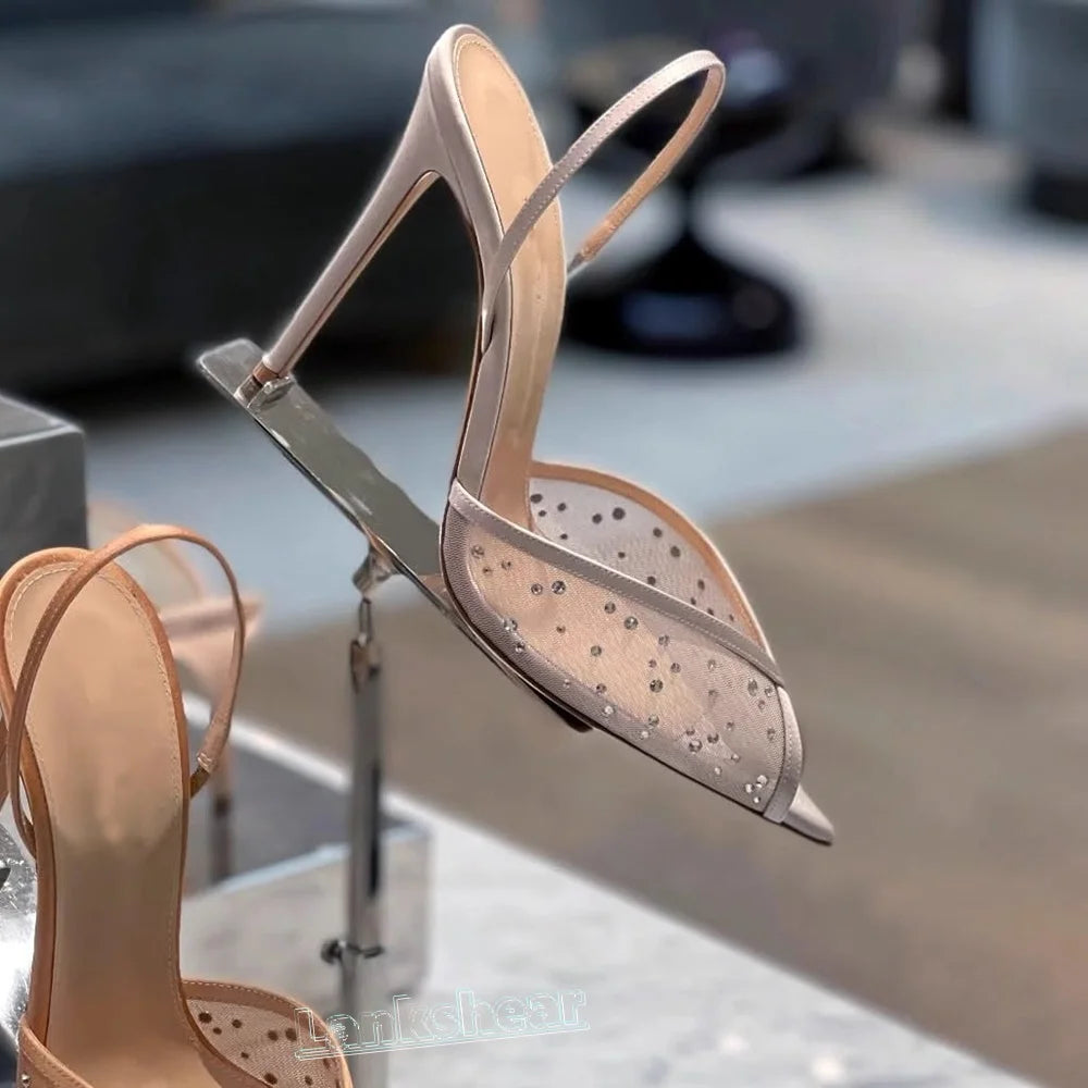 Rhinestone Lace Pointed Toe Women Sandals Ankle Strap Buckle Thin High Heels Solid Slingback Sexy Summer Shoes Luxury 2025 New