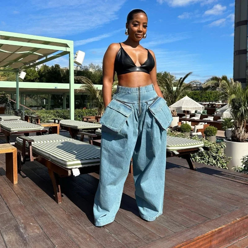 Casual Loose Denim Two Piece Set for Women Streetwear 2023 Autumn Zipper High Collar Crop Top Elastic Waist Wide Leg Cargo Pants