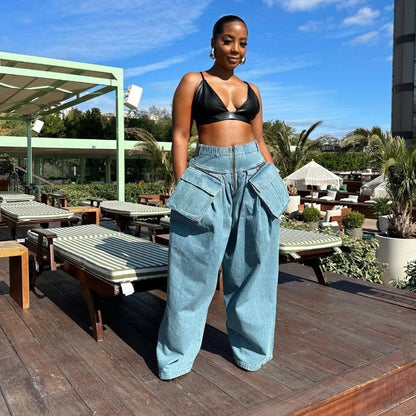 Casual Loose Denim Two Piece Set for Women Streetwear 2023 Autumn Zipper High Collar Crop Top Elastic Waist Wide Leg Cargo Pants