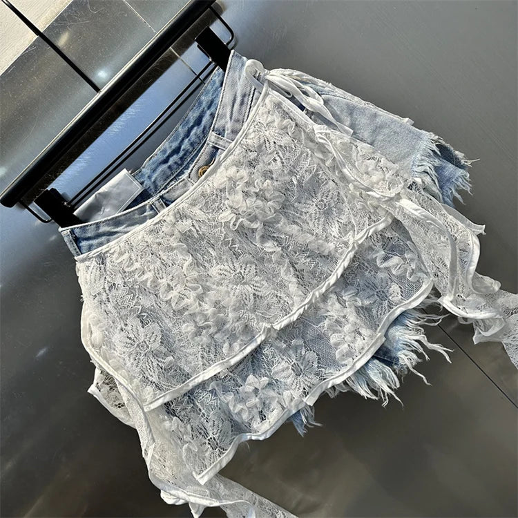 Ruffle Leaf Edge Irregular Curtain Skirt Sweet A Line Skirt Lace Splicing Denim Shorts Street Hipster Denim Shorts Women