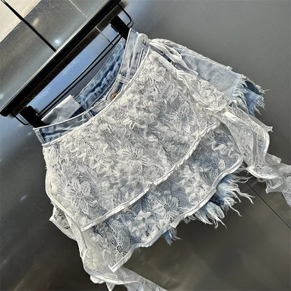 Ruffle Leaf Edge Irregular Curtain Skirt Sweet A Line Skirt Lace Splicing Denim Shorts Street Hipster Denim Shorts Women
