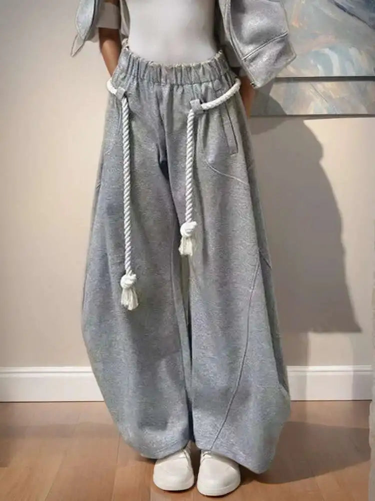 DEAT Fashion New Women's Cotton Rope Design Casual Pants 2024 Autumn Trendy Elastic High Waist Wide Leg Trousers Female 33A1851