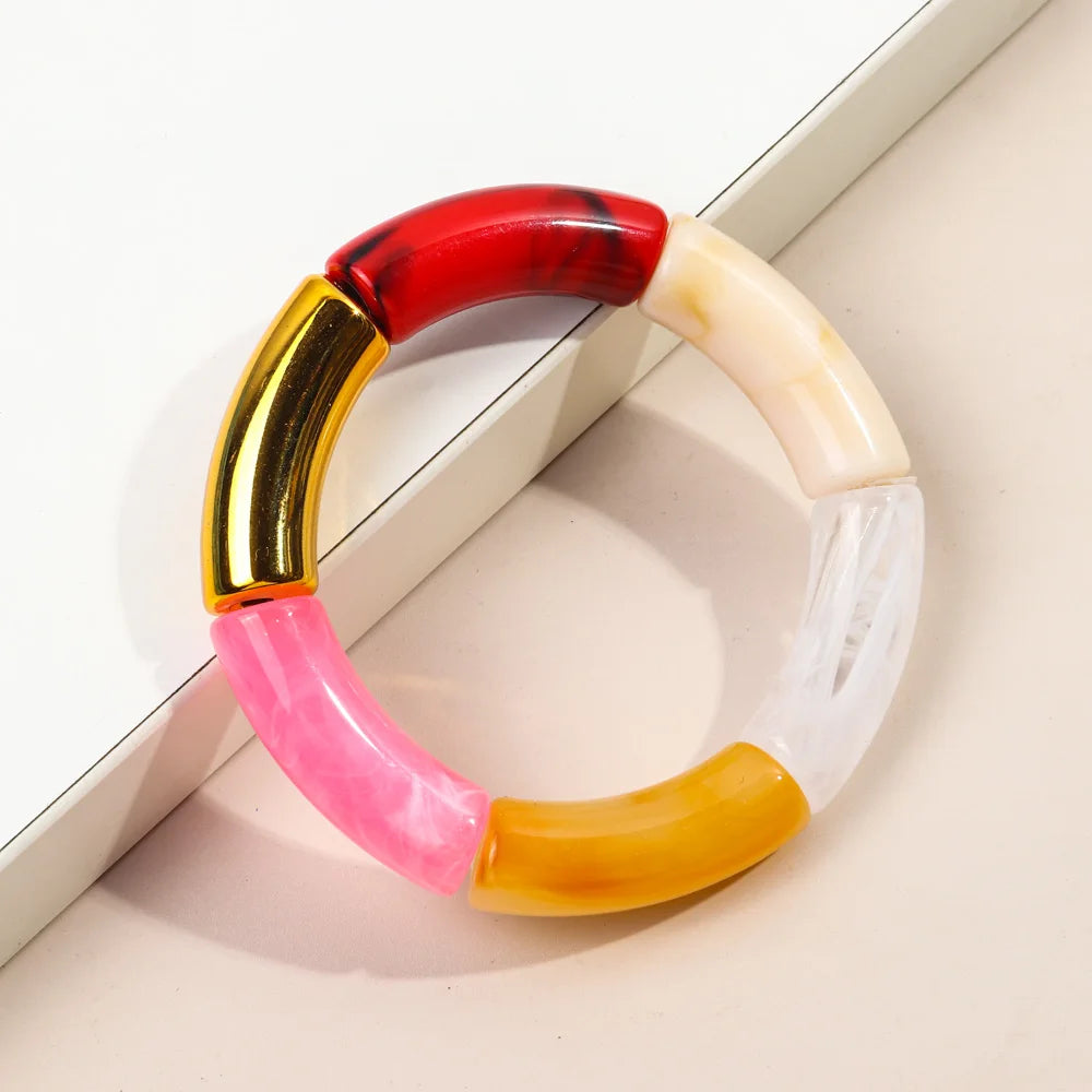 FishSheep Trendy Acrylic Stacked Bamboo Beads Bangles Bracelets for Women Bohemian Resin Elastic Beaded Bracelets Set Jewelry