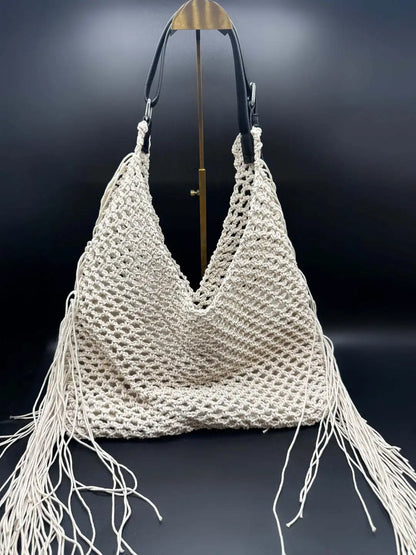 Designer Luxury Tote Bag Women 2025 New Large Capacity Bohemian Style Beach Bag Handmade Woven Hollow Out Tassel Shoulder Bag