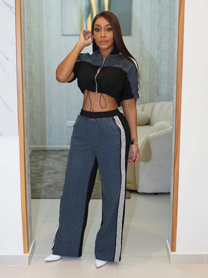 Pant Set Women Two Piece Sets Denim Matching Sets Jogger Tracksuit Matching Sets Zipper Tops Wide Leg Long Pants Elastic Waist