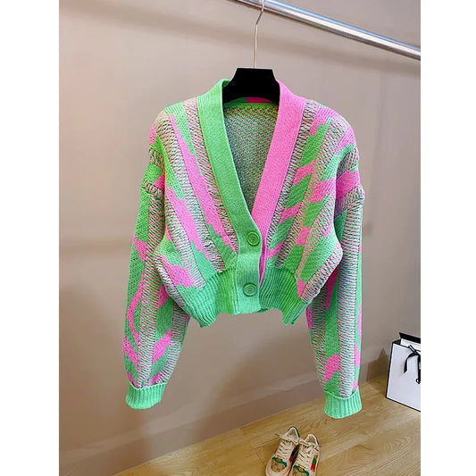 Women Color Block Green Crop Cardigan High Street Long Sleeve Knit Top Sweater Autumn Winter Korean Dongdaemun Fashion Trends