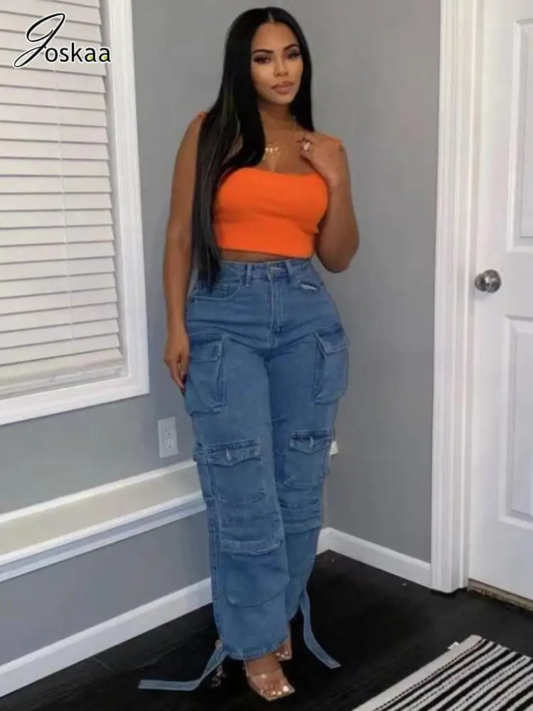 Joskaa Fashion Y2k Pockets Cargo Jeans Women Hipster High Waisted Straight Pants Fall 2023 Casual Denim Trousers Streetwear