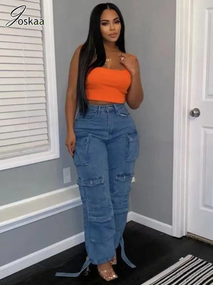 Joskaa Fashion Y2k Pockets Cargo Jeans Women Hipster High Waisted Straight Pants Fall 2023 Casual Denim Trousers Streetwear