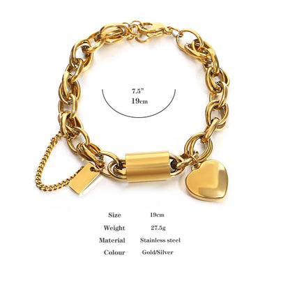 Heart Lock Stainless Steel Charm Bracelet Chunky Gold Plated Chain Love Bracelets Christmas Valentine Gift