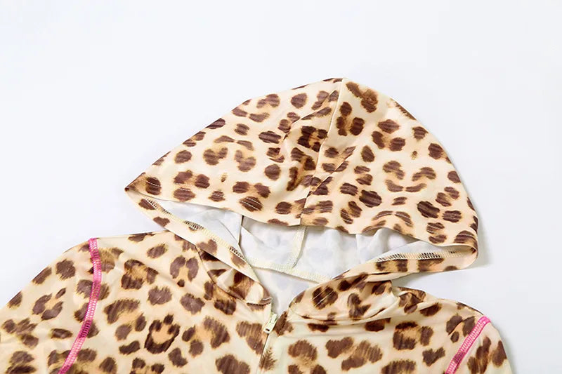 FAGADOER Sexy Leopard Print 2 Piece Sets Women Outfit Long Sleeve Zipper Hooded Crop Jacket + Flare Pants Suits Female Clothing