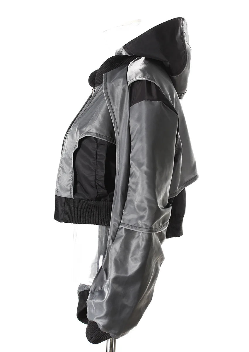 DEAT Fashion Women's Jackets Hooded Zipper Short Contrast Color Drawstring Deconstruction Coat Autumn 2025 New Tide 7AB4742