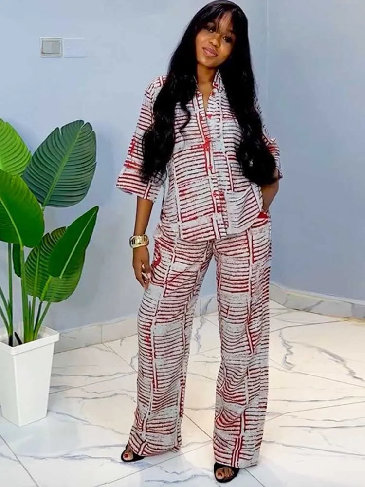 Two Piece Outfits Woman Summer Red Striped Slimming Shirt and Pants Set Woman Casual Clothing Set Wholesale Dropshipping