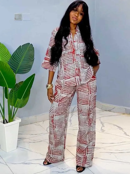 Two Piece Outfits Woman Summer Red Striped Slimming Shirt and Pants Set Woman Casual Clothing Set Wholesale Dropshipping