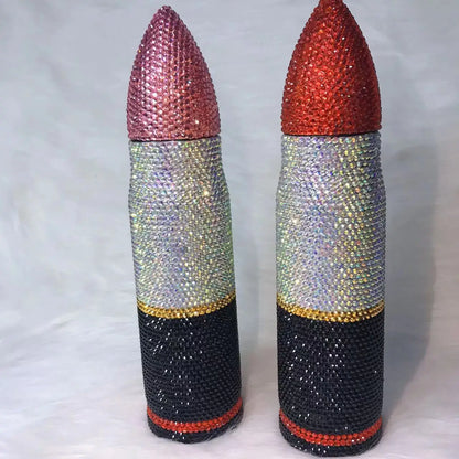 Bling Lipstick Tumbler Customize Name Logo Rhinestone Thermos Cup 17oz Lipstick Shape Stainless Steel Water Bottle Coffee Mugs
