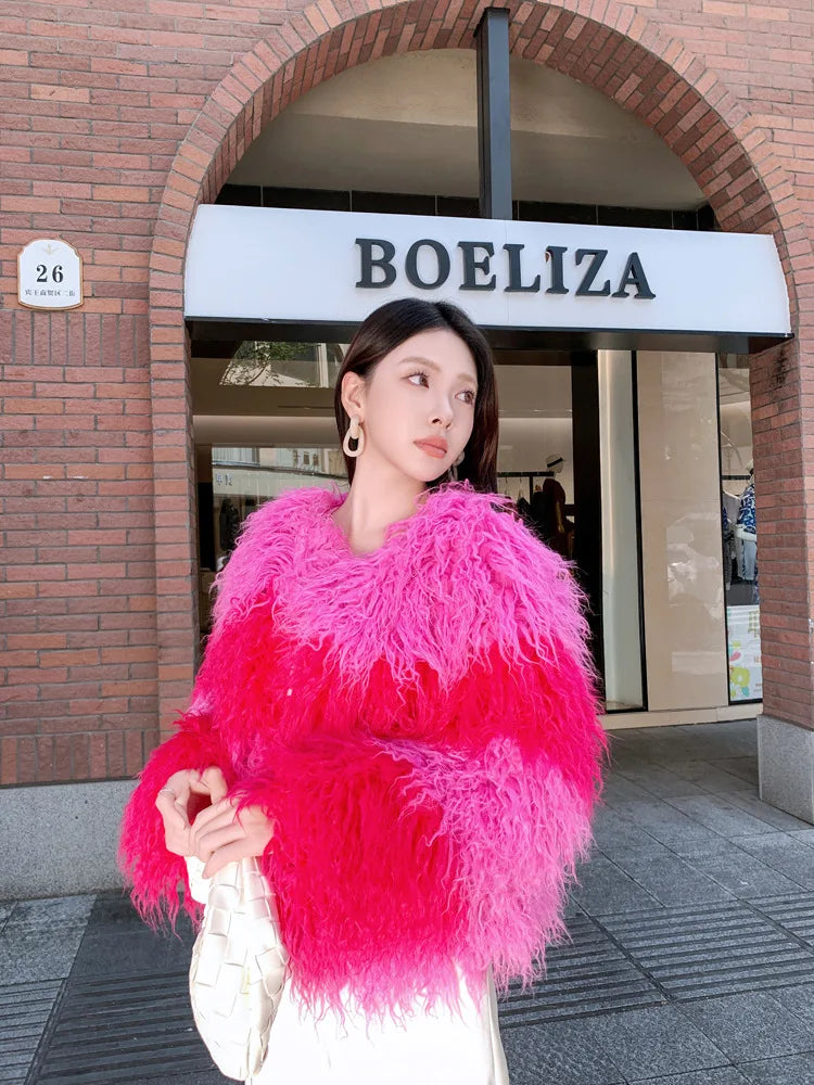 Faux Fur Coats Women Lamb Wool Short Coat Y2k Streetwear Thick Warm Y2k Streetwear Elegant Pink Jackets Open Stitch Jacket
