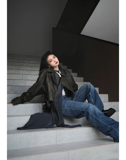RARF Women's new vintage wash to do old short lapel long sleeve loose pu imitation leather jacket coat
