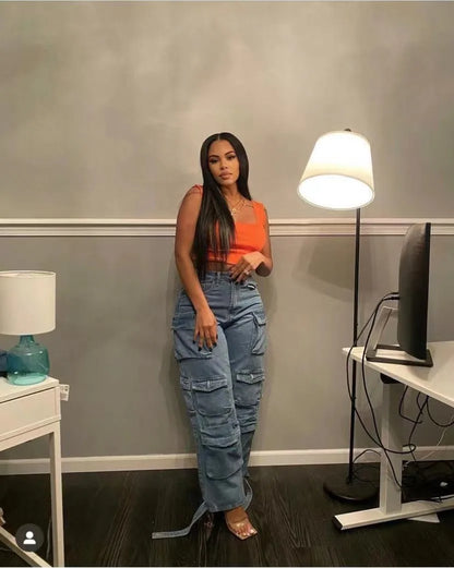 Joskaa Fashion Y2k Pockets Cargo Jeans Women Hipster High Waisted Straight Pants Fall 2023 Casual Denim Trousers Streetwear