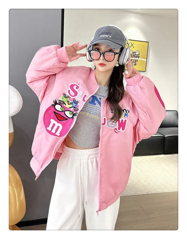 Cross-border Cartoon Embroidery Baseball Jacket For Men Women Casual Loose Fit Hip Hop Top Spring Autumn Letter Couple Jacket