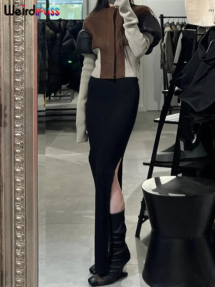 Weird Puss Contrast Patchwork Jacket Women Chic Zip Hipster Winter Trend full Sleeve Coat Wild Streetwear Casual Jersey Outwear