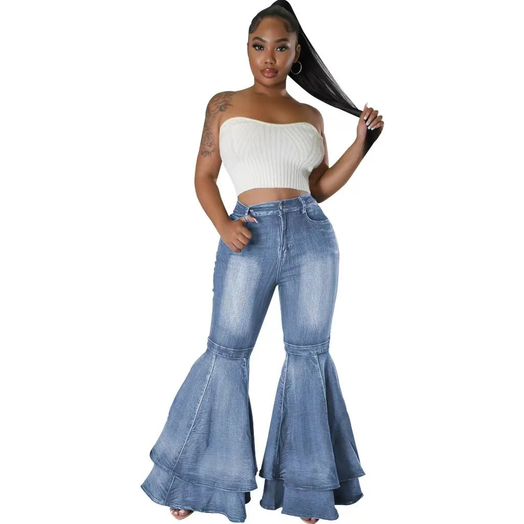 Fashion Versatile Wide Leg Washed Denim Stretch Flared Pants Women