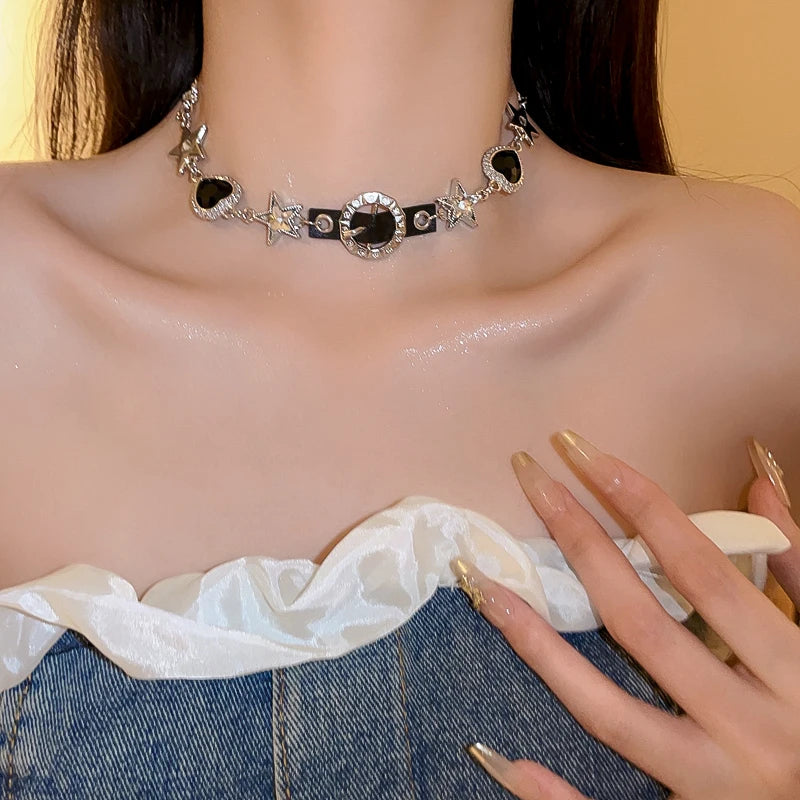 Silver Color Hollow Star Choker Necklaces For Women Long Tassel Rhinestone Imitation Pearl Chain Necklaces Statements Jewelry