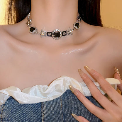 Silver Color Hollow Star Choker Necklaces For Women Long Tassel Rhinestone Imitation Pearl Chain Necklaces Statements Jewelry