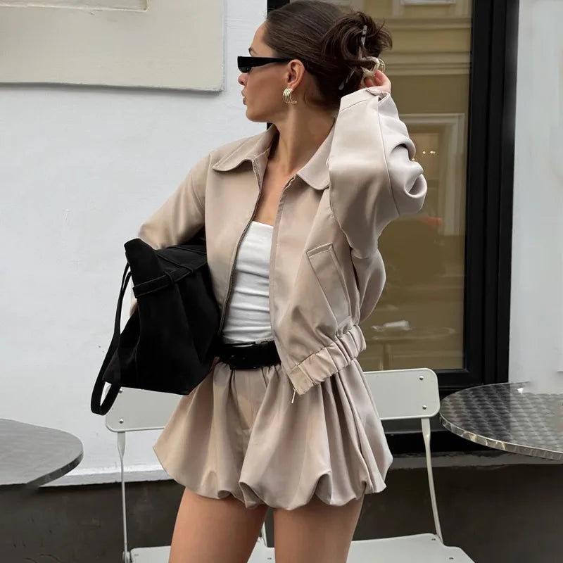 Tuularose Women's 2 Piece Fashion Lapel Zip Jacket Pleated Shorts Skirt Vintage Streetwear New Party  Autumn Female Short Sets