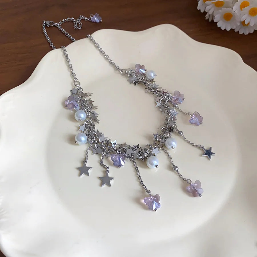 Silver Color Hollow Star Choker Necklaces For Women Long Tassel Rhinestone Imitation Pearl Chain Necklaces Statements Jewelry